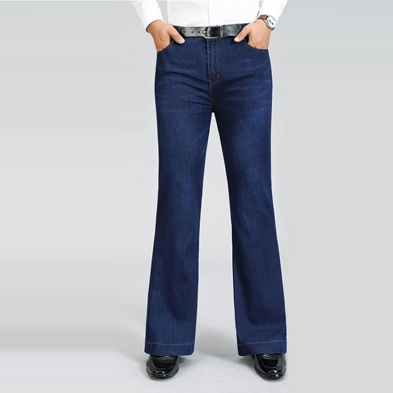 Men's Stretch Loose Wide-Leg Pants Flared Denim Trousers Mid Waist Denim Flared Trousers