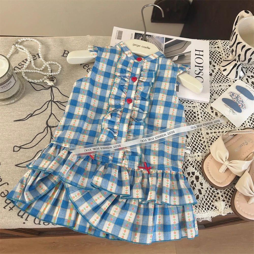 Girls Summer Cotton Plaid Vest Dress Baby Chic Sleeveless Sundress