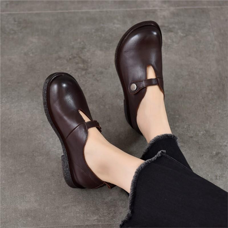Johnature Retro Versatile Loafers Round Toe Genuine Leather Women's Low Heel Shoes
