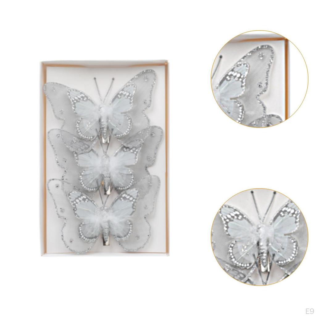 3Pcs Christmas Butterfly Decorations Ornament Decorative Centerpiece with Clip Glitter