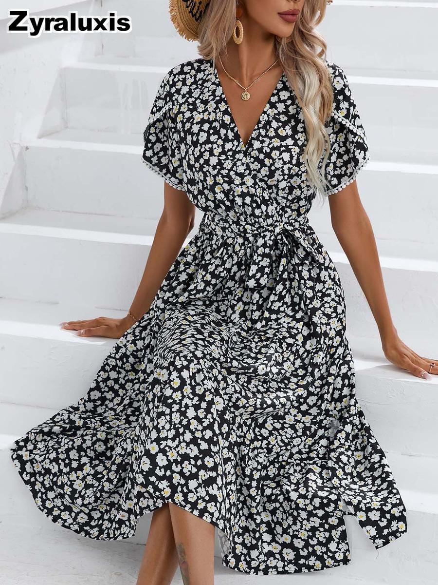 Women s Floral Ruffles V-Neck Summer Dress S чёрный