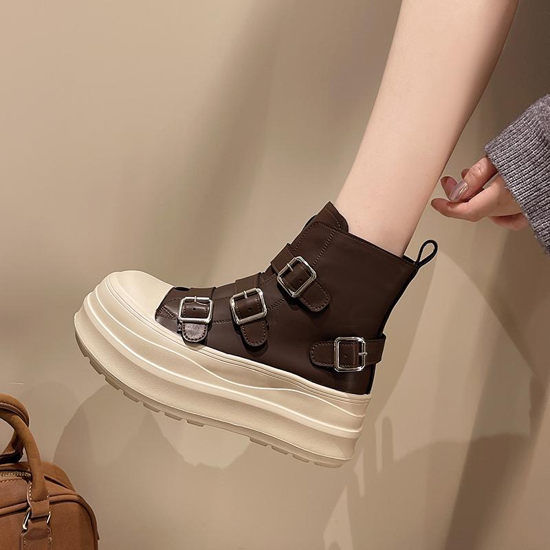 

Модные ботильоны на платформе Осень Новые Круглый носок Металлическая пряжка Колорблок Боковая молния Противоскользящие Износостойкие Одинарные туфли 40