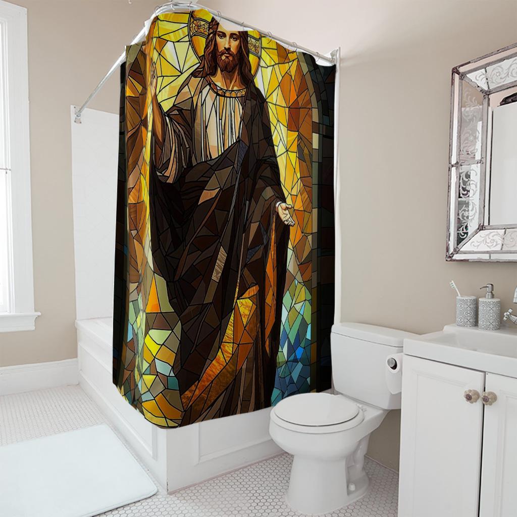 Sacred Jesus Stained Glass Shower Curtain - Creative Mosaic Religious Art Design - Indoor Home Bathroom Decor Art Bath Curtain
