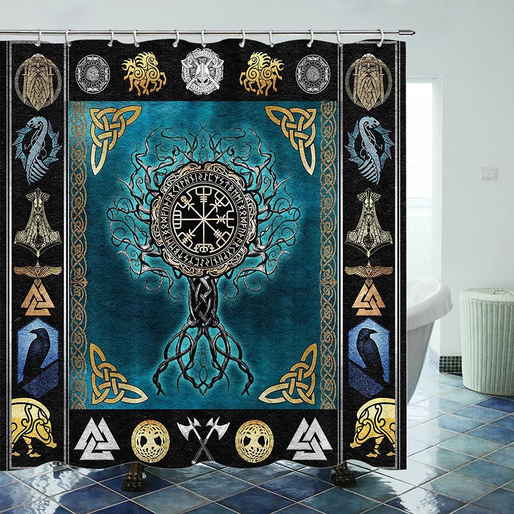Wikinger-Duschvorhang, Vintage-Kriegsschiff der Wikinger, Drakkar, alte skandinavische und nordische Runen, Badezimmer-Dekor-Set, Accessoires
