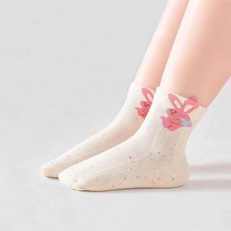 5Pairs Children's Socks Spring Summer Cartoon Animals Breathable Mesh socks For Girls Dot Yarn Design Skin-friendly Soft Kids Mid-tube Socks