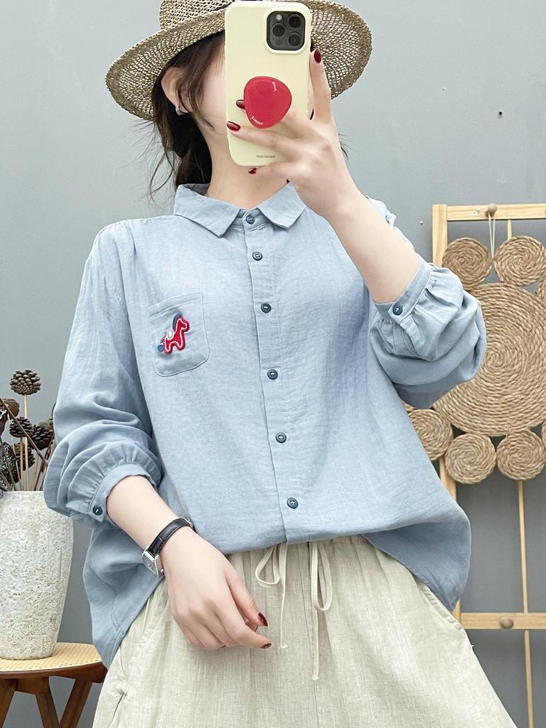 Women's Double-Layer Long-Sleeve Cotton Shirt - Fashionable, Artistic Style with Small Horse Embroidery, Year of the Horse Red.