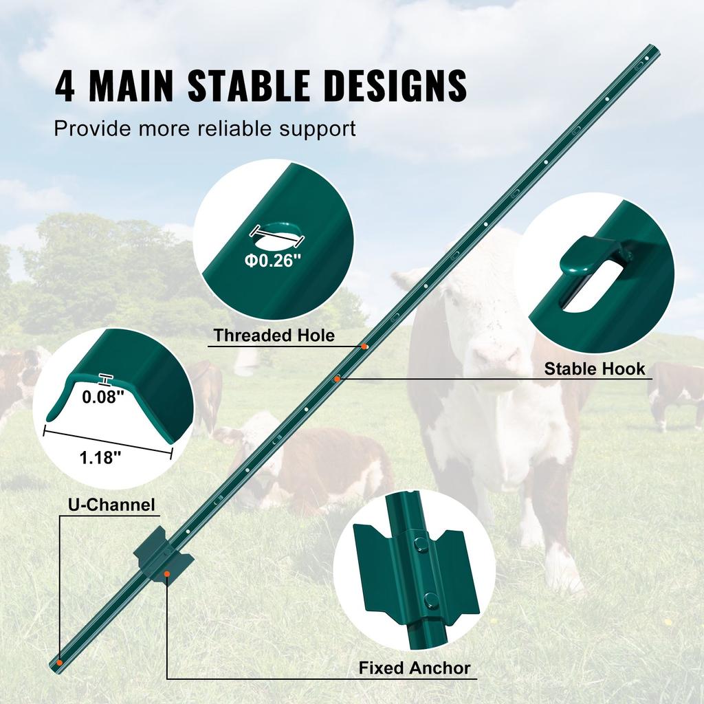 VEVOR 5 Feet Fence Post, 10 Pack U-Channel Heavy Duty Metal Fence Posts, Sturdy Steel Fence Stakes for Garden Yard, Lawn