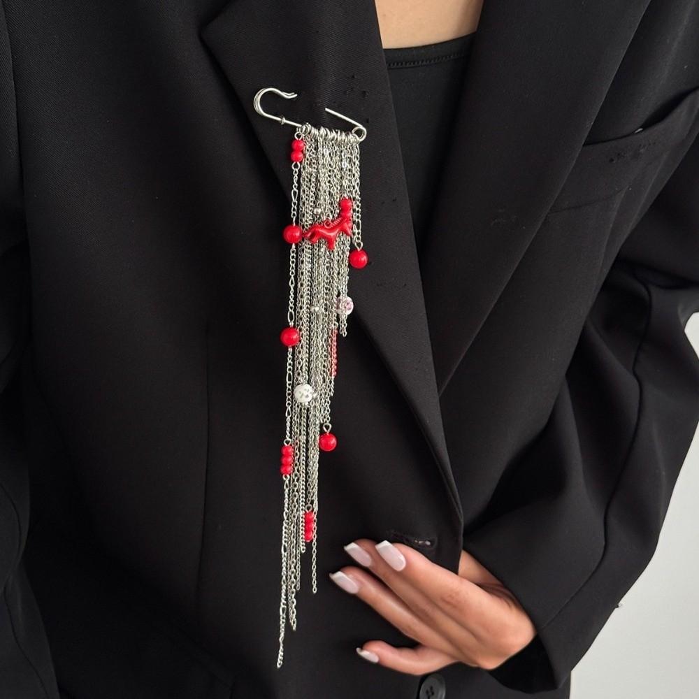 Love Heart Beaded Tassel Chain Brooch Multi-Layer Chain Pin Crystal Seed Bead Exaggerated Brooch