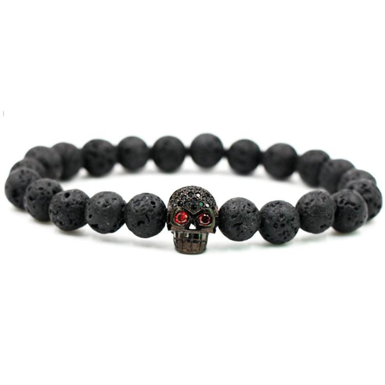 Bracciale con Perle di Roccia Lavica Geometrica con Teschio Micro-incastonato in Zirconi per Uomo Donna Regalo