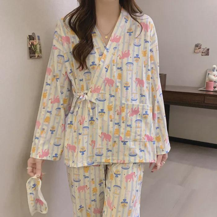 Women's Kimono Pajamas: Spring/Autumn Japanese Style V-Neck Cardigan with Long Sleeves & Trousers, Cute and Sweet for Home Wear