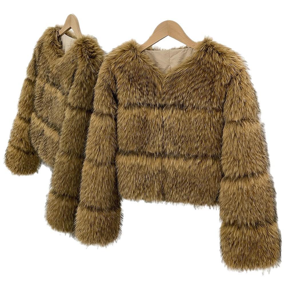 European and American short autumn and winter new round neck fashion warm imitation raccoon fur coat women's fur coat