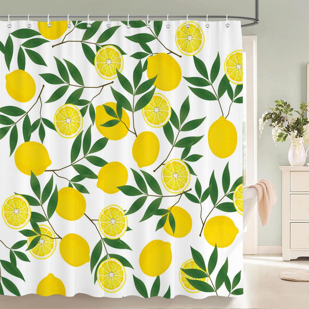 Summer Fruits Shower Curtain Cute Liner Peach Lemon Pineapple Orange Print Bath Curtain With Hooks Waterproof For Bathtub Decor