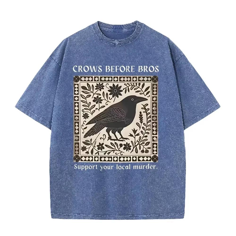 Distressed Vintage Washed Tee Vintage Square Crow Floral Print Support Local Murder Funny Slogan Loose T Shirts