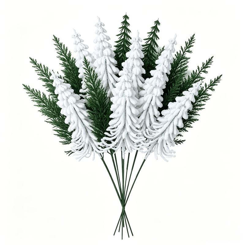 15pcs Set New Style - Artificial Christmas Pine Branch Bouquet | White and Green Flocked Pine Branches, Nordic Winter Holiday Ornament