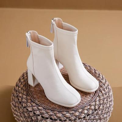 2024 New Women's Boots Autumn/winter British Fashion Elastic Thin Leather Back Zipper Square Toe Chelsea Rock Ladies Short Boots