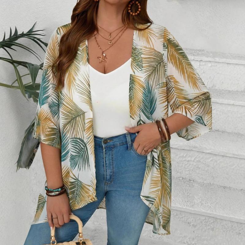 Women Summer New Tropical Print Chiffon Cardigan Vacation Style Loose Sun Protection Fashion Coat