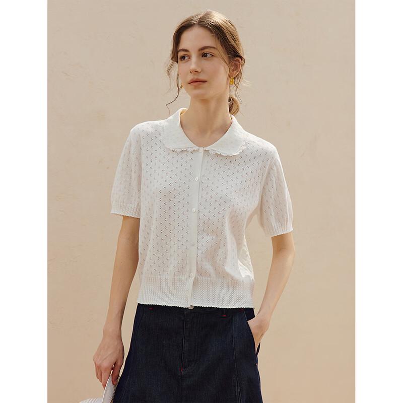 INMAN Women's Lace-Trimmed Peter Pan Collar Short Sleeve Knit Cardigan