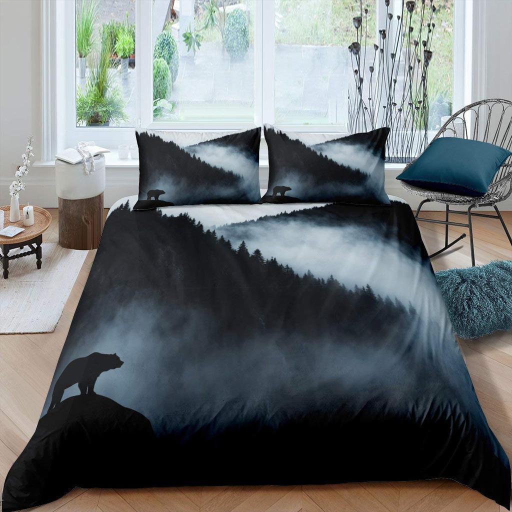 Smoky Mountain King Queen Bettbezug Grauer Nebel Kiefern Bettwäscheset Retro Naturlandschaft Kunst 2/3-teilig Polyester Bettdeckenbezug