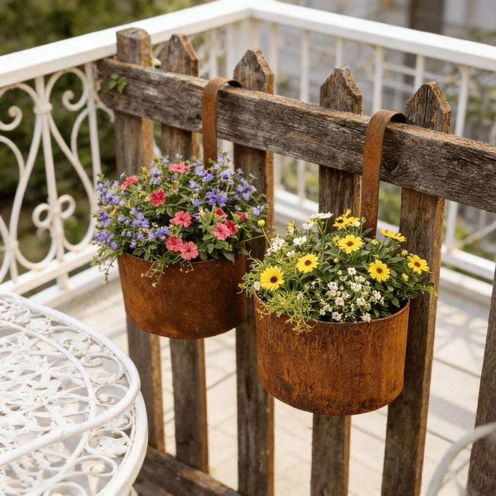 Handcrafted Wall Hanging Flower Bucket Antique Styles Rusted Iron Hanging Flowerpot Unique Weather-Resistant Metal Plant Hangers