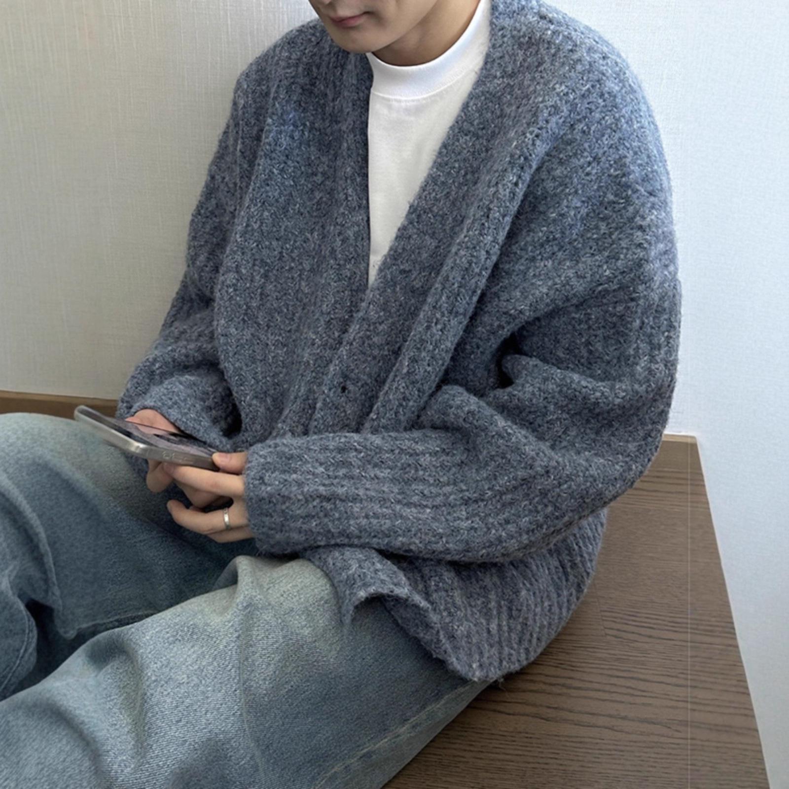 Мужской ретро-кардиган крупной вязки разных цветов - Высококачественный свободный свитер M синий