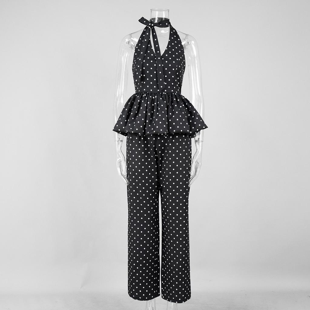 Spring Summer Women's Polka Dot Print 2 Piece Sets, Y2K Sexy Halter Neck Camisole + Wide Leg Long Pants Outfits, Casual Streetwear Matching Sets
