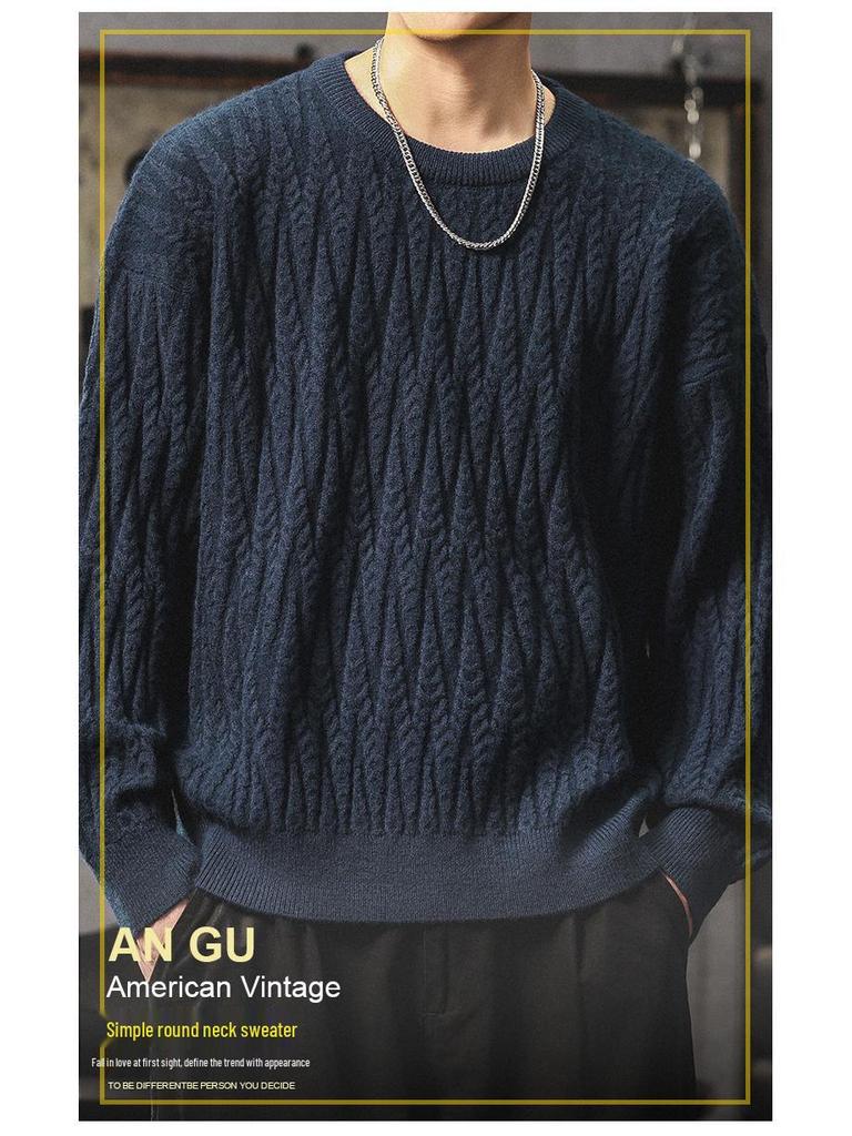 Men's Heavyweight Cable Knit Sweater - Warm, Trendy, Casual, and Versatile Round Neck Knitwear