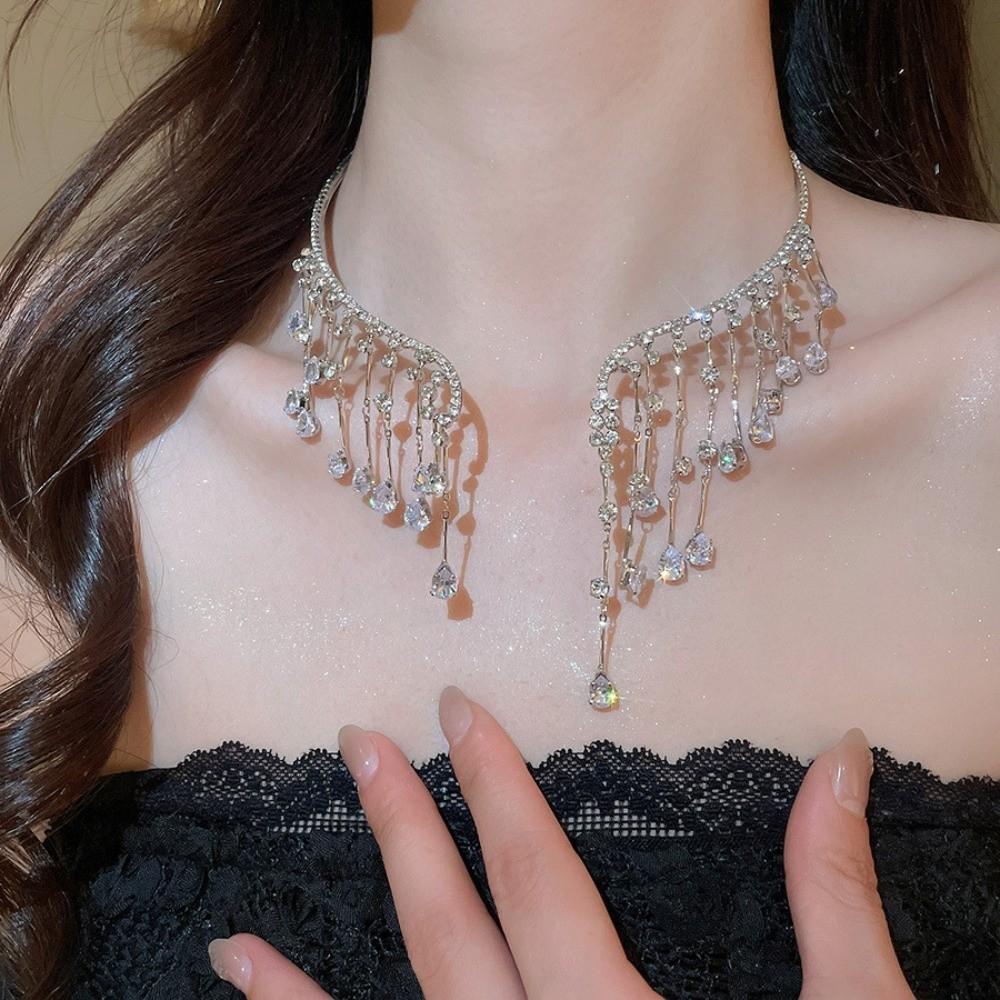 Elegant Bridal Tassel Necklaces Shining Neck Chain Choker Water Drop Rhinestone Jewelry Wedding