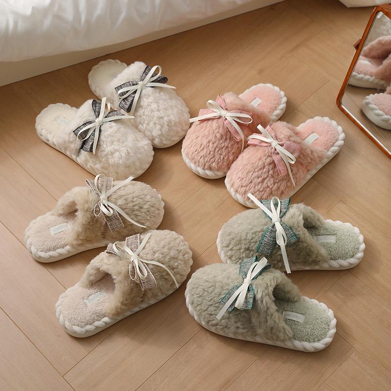 Cotton slippers women's bow lace warm plush bag head simple floor fluffy slippers autumn and winter