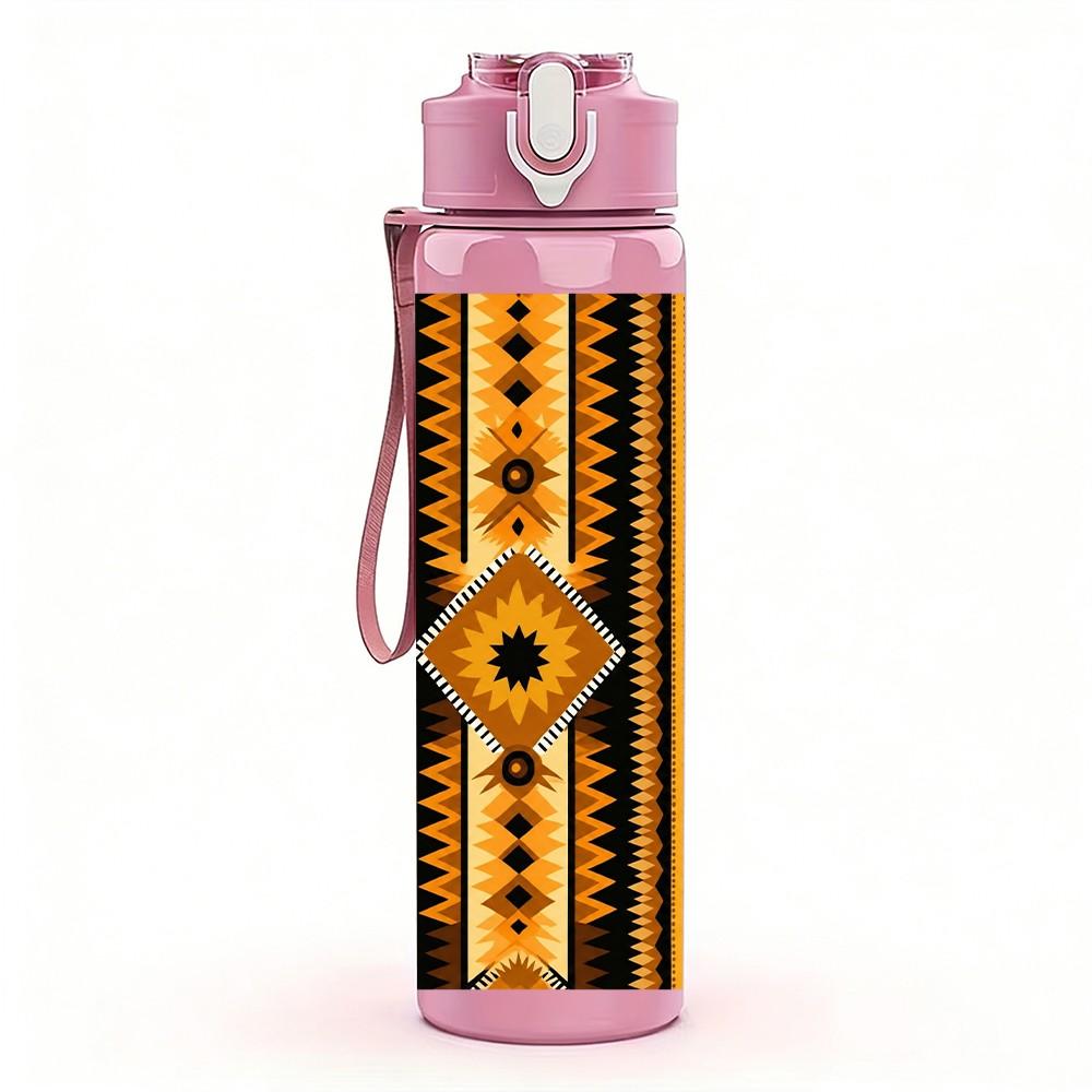 1PC Africa Tribal Geometric Texture 750ml Color Plastic Sports Water Bottle Leakproof Flip Straw Lid Suitable for Sports Office Home Use