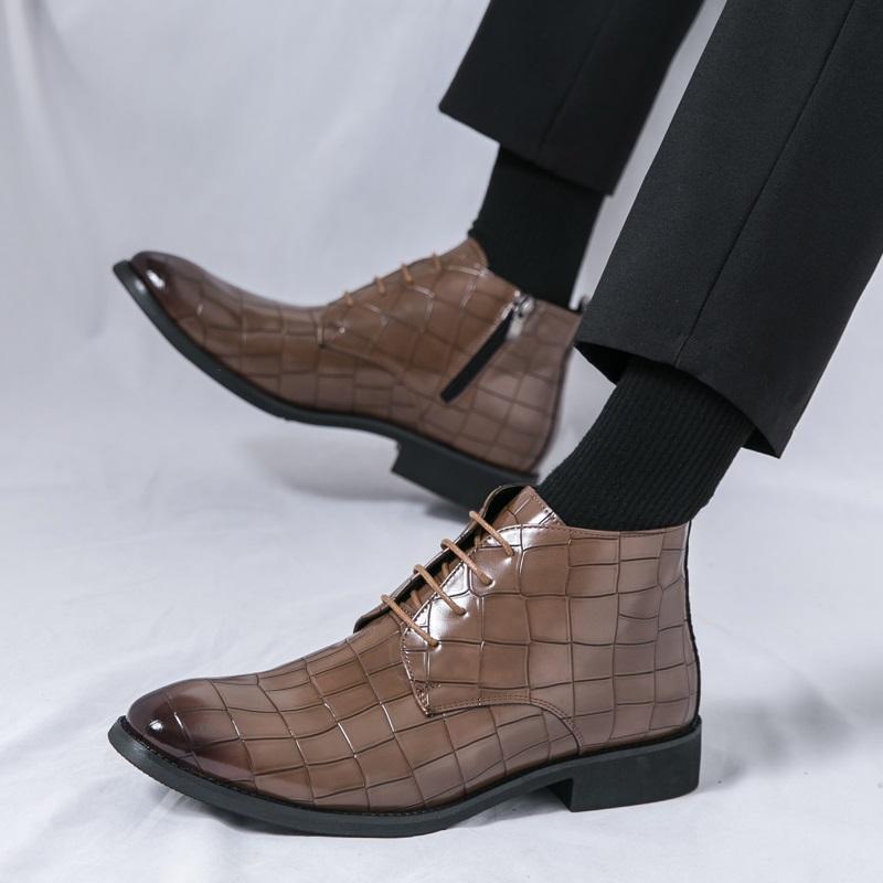 New Brand Designer Winter Pointed Alligator Pattern Leather Chelsea Ankle Boots For Men's Trend High Tops Shoes Zapatos Hombre