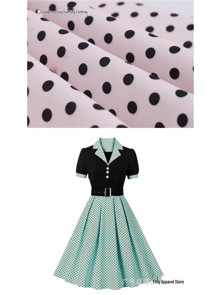 Stippen Revers Korte Mouwen Met Riem Afslankende Jurk voor Dames - Lente/Zomer Mode