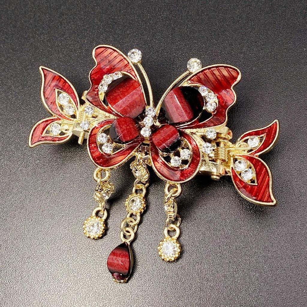 Korean Butterfly Rhinestone Tassel Hair Clip for Women - Bow Knot Crab Bun Holder Retro Style