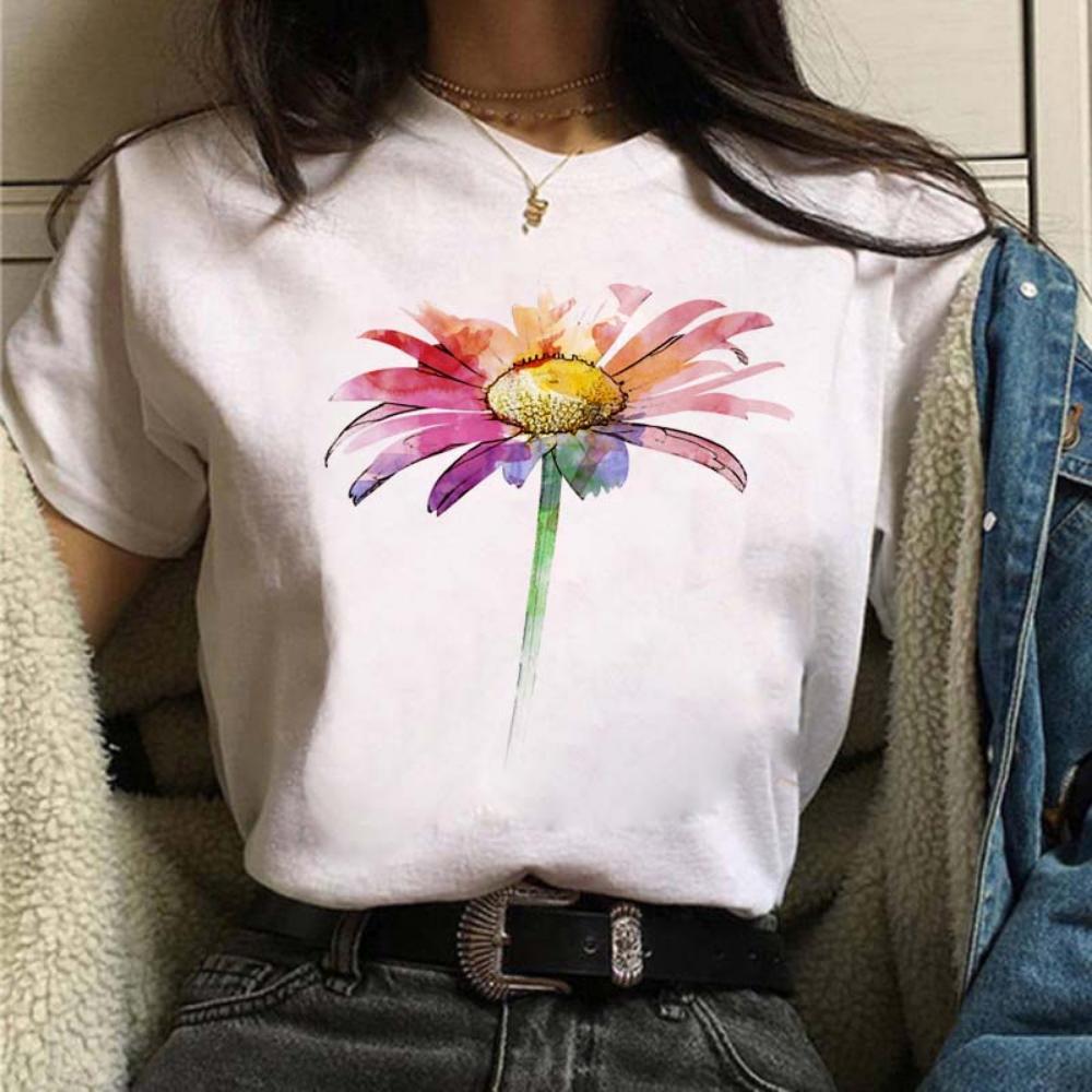 Maycaur Funny Daisy Print Women T-shirt Harajuku 90s Streetwear Girls Short Sleeves Tee Tops Summer Cute Female Clothes Tops