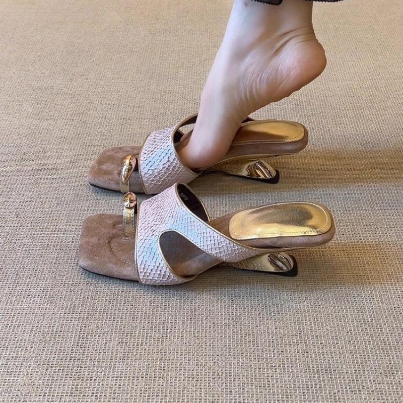 Fashion 2025 New Special Heel Slippers Women's Summer New Square Toe Open Toe Metal Cover Toe Cutout Non-Slip Flip Flops