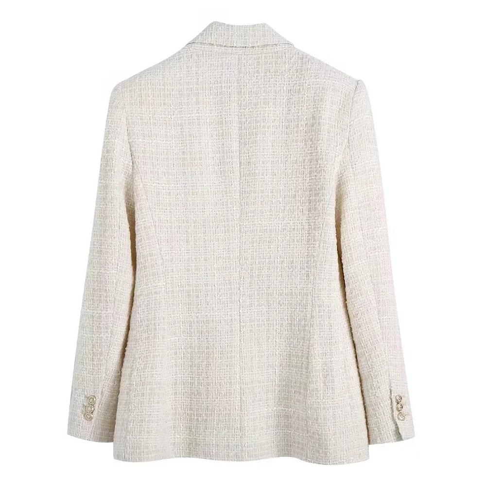 Langarm Klappe Taschen Frauen Mode Tweed Zweireiher Blazer Mantel Vintage Oberbekleidung Plus Größe
