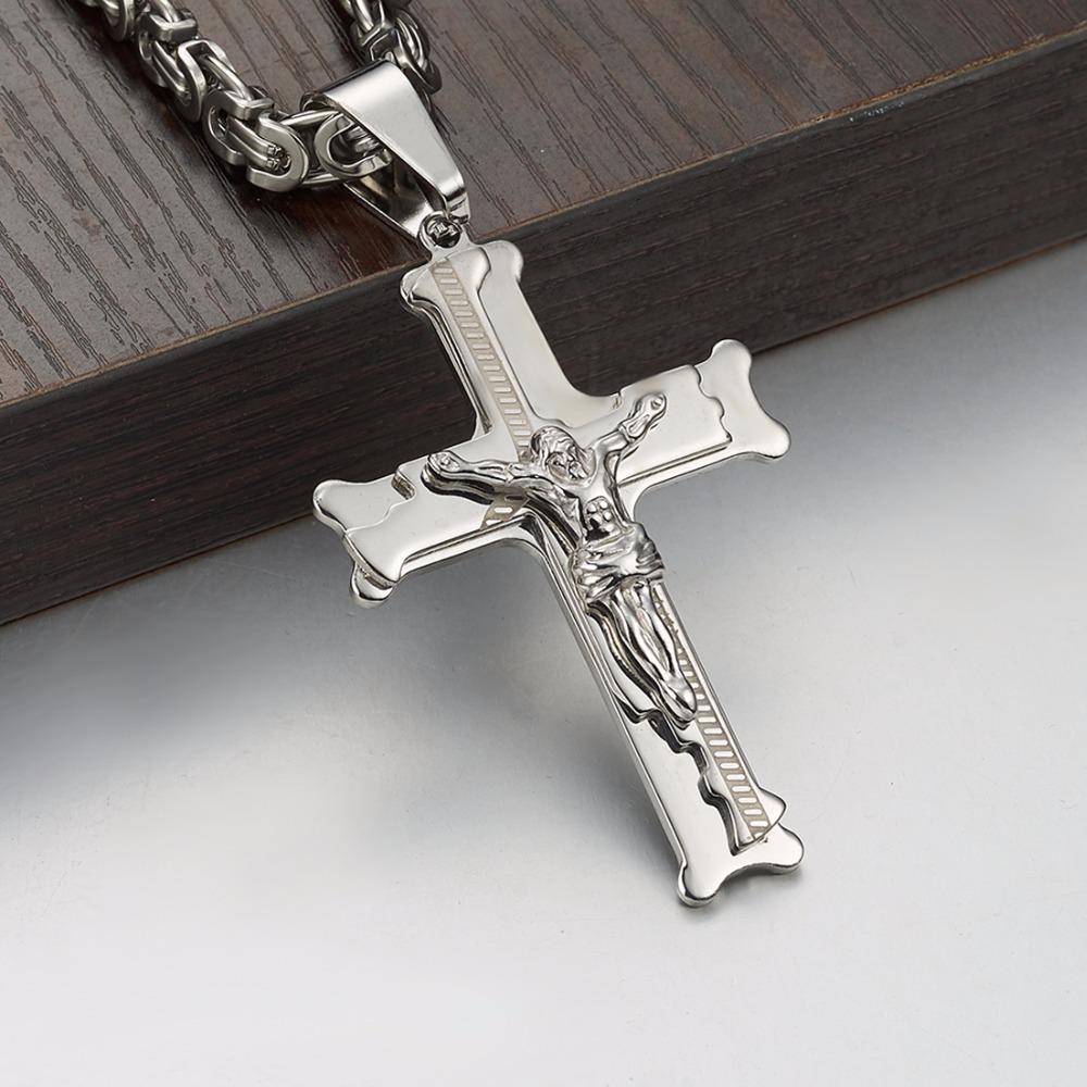 Jesus Cross Silver Color Necklaces Men Women Pendant Stainless Steel with 6MM Byzantine Chain Christian Crucifix Jewelry