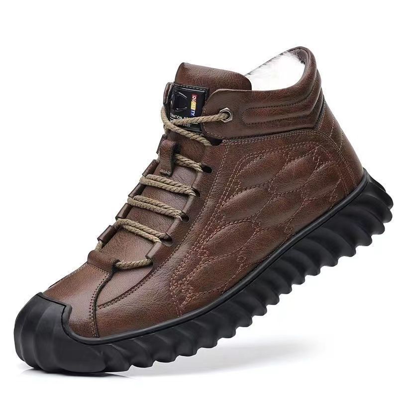 Fashion Non-Slip Cotton Shoes Men's Winter Warm Thickened Fleece-Lined Leather High-Top Snow Boots Integrated Wool Hair Casual Shoes