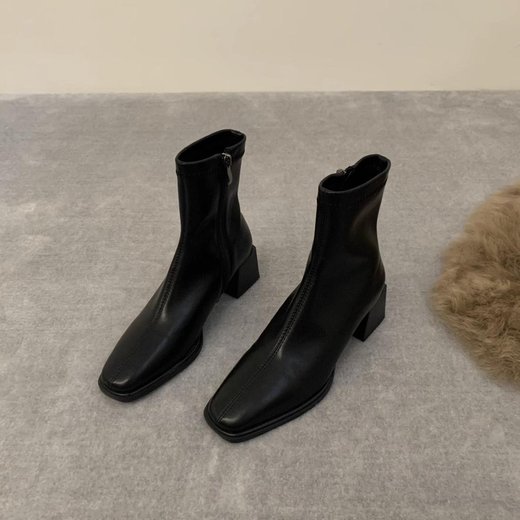 High Heel Square Head Elastic Skinny French Short Boots Women's Shoes Season Brown Martin Boots Single Boots