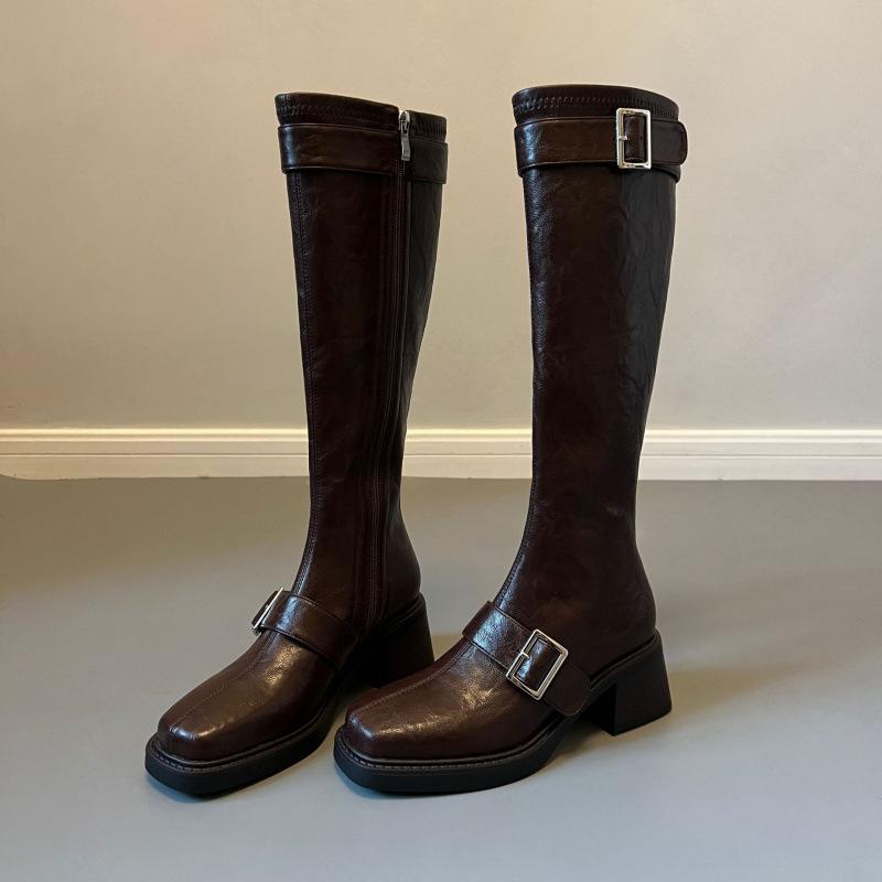 Belt Buckle Long Women's Winter New Knight Boots Thick Heel Above Knee French Vintage Boots Women's Motorcycle Boots