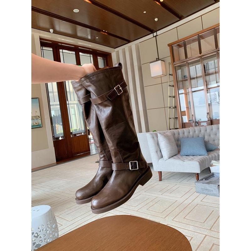 Cowhide version~ retro pointed round head belt buckle thick heel boots women's autumn and winter new thin boots leather knight boots