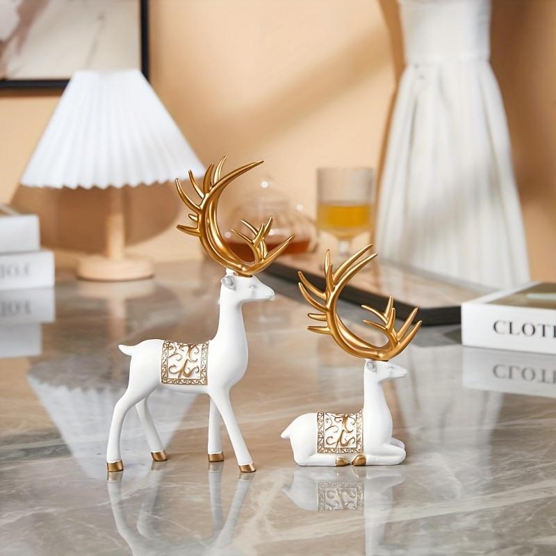 2pcs/Set Deer Statue,Golden Deer Christmas Decor, Elk Resin Reindeer Lucky Deer Sculptures For Work Desk Decor,Modern Home Decor