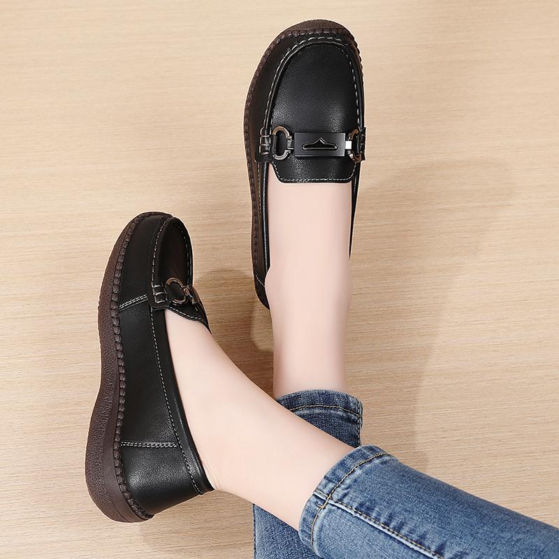 Einfache Damen Leder Loafer Fahr-Mokassins Bequeme Flache Schuhe Schwarz Lässige Slip-Ons Große Größen Schwarz Business Büroschuhe