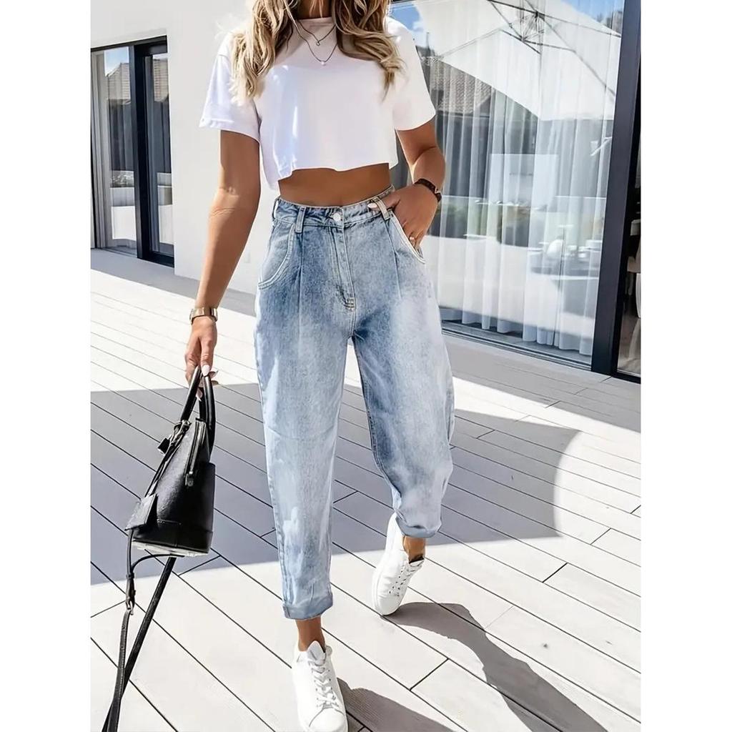 Jeans a vita alta corti affusolati casual larghi snellenti da donna 2026
