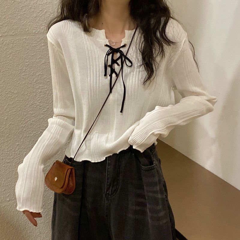 

Women s Spring and Autumn Korean-style Strap Drawstring Short Long-sleeve Knit T-shirt with Designed Tricky Details, A Stylish Top for Ladies One size абрикосовий