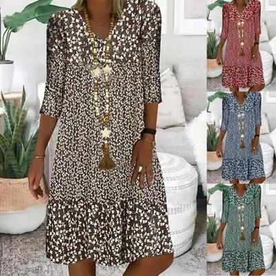 Fashion Women Summer V Neck Printed Midi Dress New Mid Sleeve Stylish