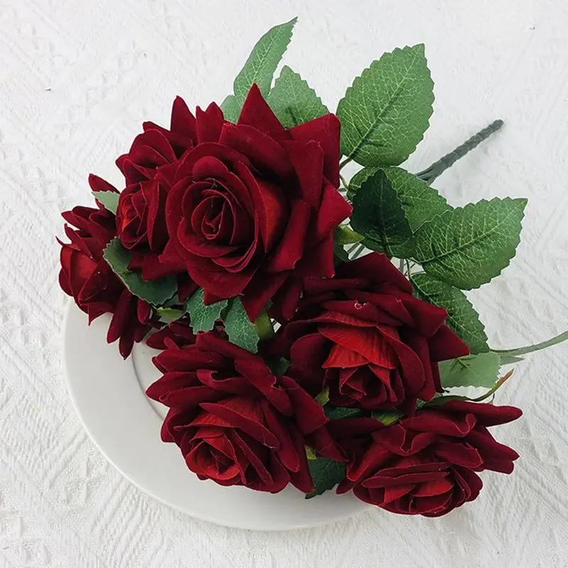 Velvet Artificial Flowers Rose Bouquet Wedding Decorations Red 7 Heads Fake Roses Decorative Flower Home Decor Garden Decoration