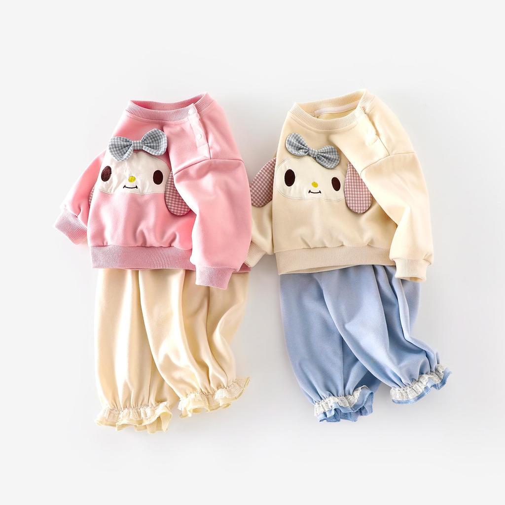 Adorable Girls' Cartoon Bow Sweatshirt & Lace Sweatpants Set - 2025 Autumn Collection