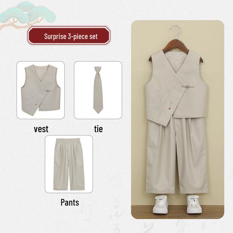 Boys' Chinese-Style Embroidered Velvet Vest and Suit for Autumn/Winter Photography and Performance