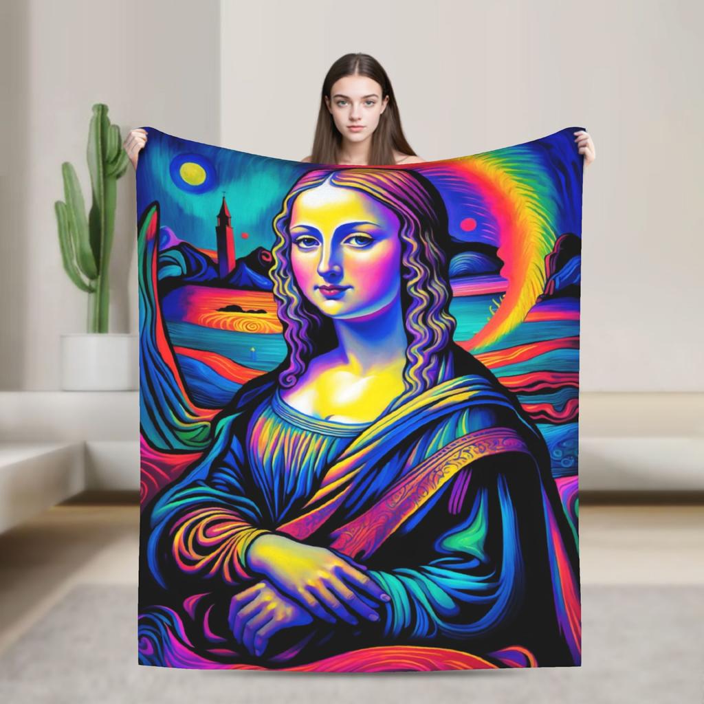 Starry Night Mona Lisa Throw Blanket Cozy Fashion Blanket  For Couch Chair Travel Car Flannel Bedspread Bed Cover
