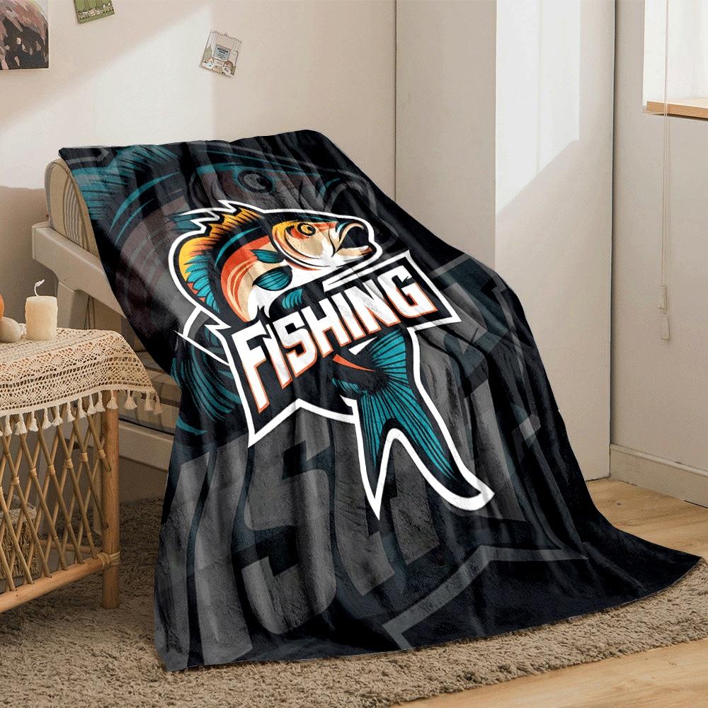 A vibrant fish illustration with "FISHING" text in bold, dynamic style. for all seasons blanket lunch break throw gift